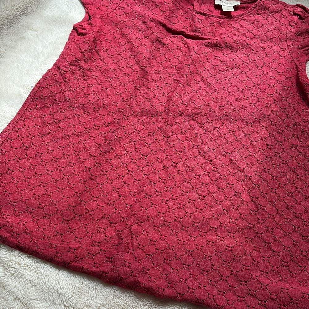 LOFT Eyelet Lace Cap Sleeve Top | Berry Red | 80% Cotton | Size XS - Picture 6 of 9